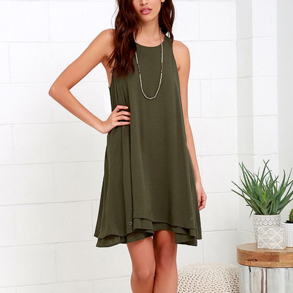 GROMMET EXPECTATIONS OLIVE GREEN SWING DRESS